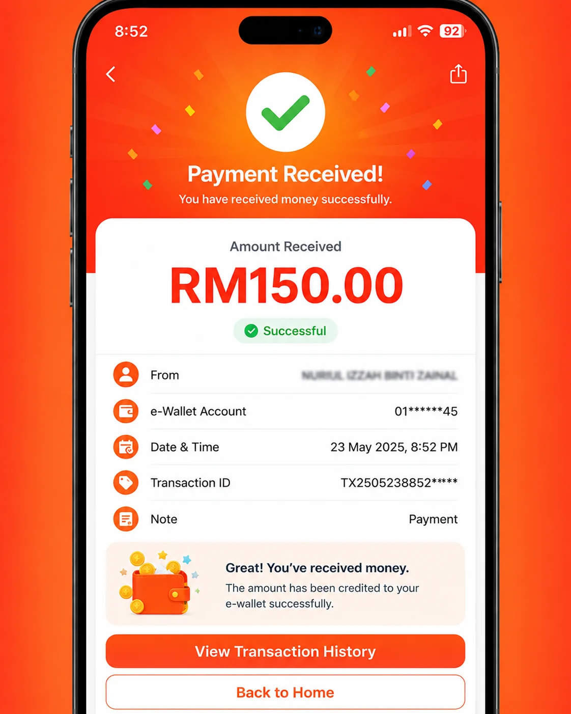 Bukti pengeluaran Mega888 RM150 melalui e-wallet dalam 8 minit